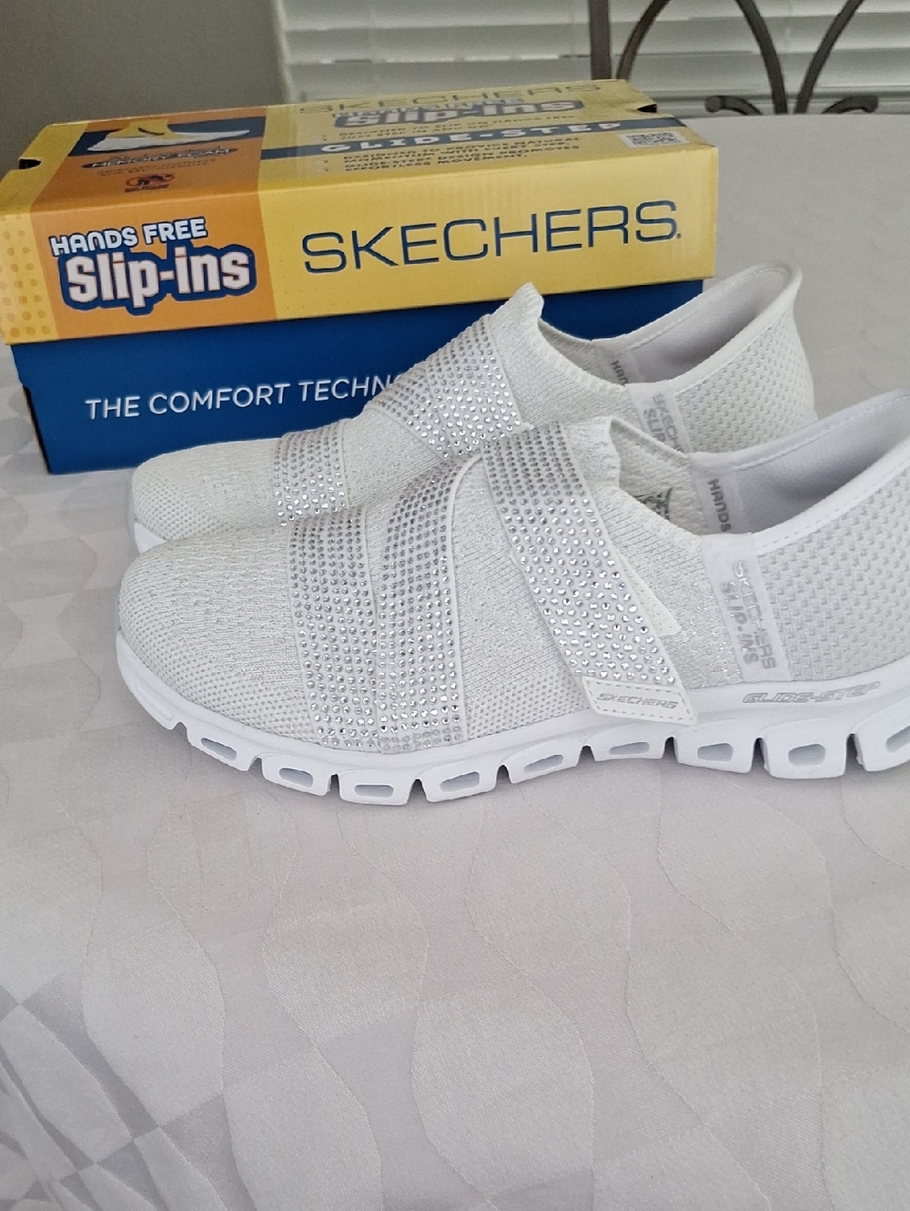 Ladies Skechers White Slip-On Knit Sneakers with Sparkle Straps.  NWT